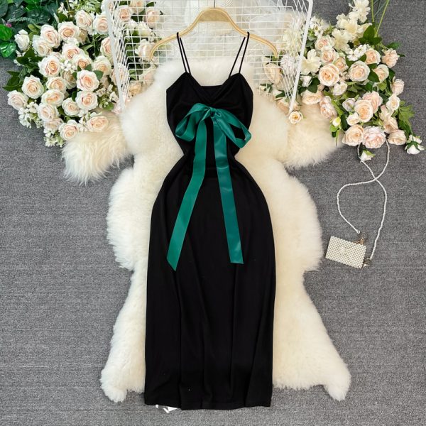 French Style Vintage Bow Suspender Dress for Women Summer New Elegant Graceful Slim Fit Slimming Sheath Dress