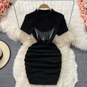 Ladies style fringed little black dress summer new improved cheongsam hollow folds temperament waist slimming buttocks dress