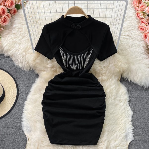 Ladies style fringed little black dress summer new improved cheongsam hollow folds temperament waist slimming buttocks dress