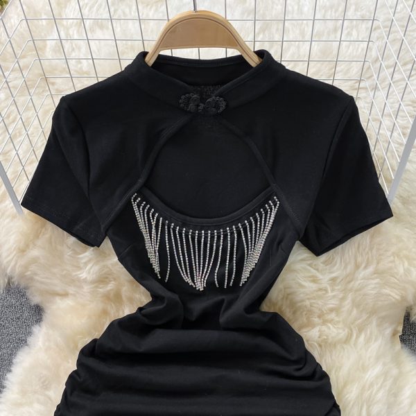 Ladies style fringed little black dress summer new improved cheongsam hollow folds temperament waist slimming buttocks dress - Image 3