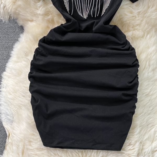 Ladies style fringed little black dress summer new improved cheongsam hollow folds temperament waist slimming buttocks dress - Image 4
