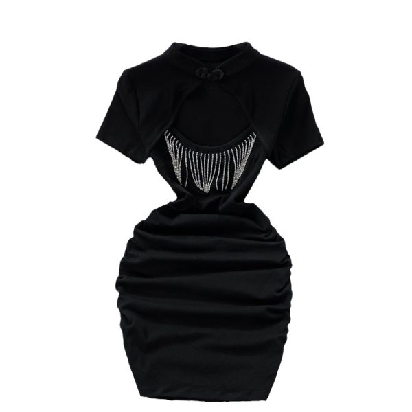 Ladies style fringed little black dress summer new improved cheongsam hollow folds temperament waist slimming buttocks dress - Image 6
