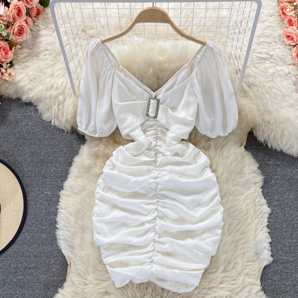 Sexy Cutout Ladies V-neck Slim Fit Slimming Short Hip Skirt Western Style Square Collar Ddiamante Buckle Waist Dress Summer - Image 2