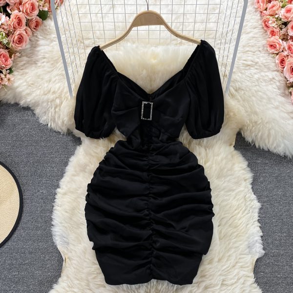 Sexy Cutout Ladies V-neck Slim Fit Slimming Short Hip Skirt Western Style Square Collar Ddiamante Buckle Waist Dress Summer - Image 3
