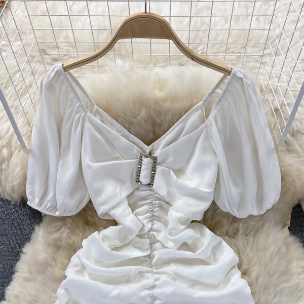 Sexy Cutout Ladies V-neck Slim Fit Slimming Short Hip Skirt Western Style Square Collar Ddiamante Buckle Waist Dress Summer - Image 4
