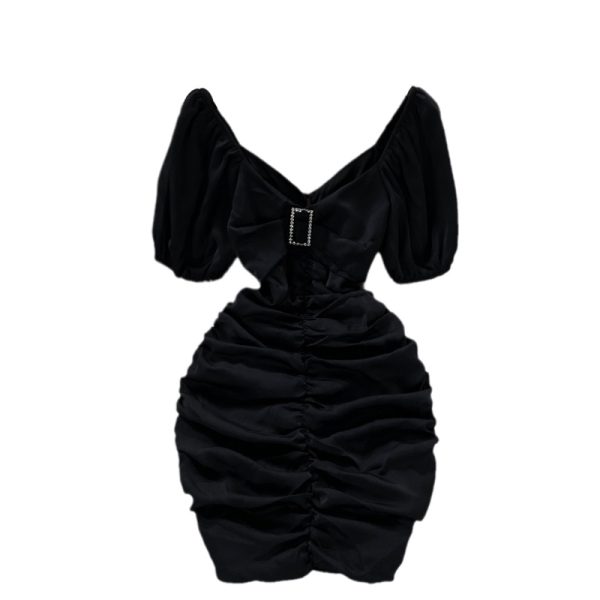 Sexy Cutout Ladies V-neck Slim Fit Slimming Short Hip Skirt Western Style Square Collar Ddiamante Buckle Waist Dress Summer - Image 6