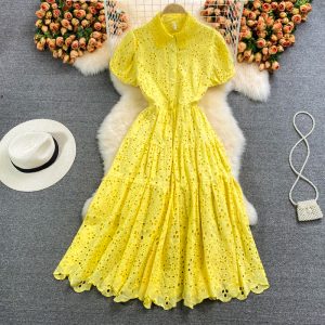 European Station Hollow Water-Soluble Lace Lapel Dress Short Sleeve  Summer Waist-Controlled Large Hem A- line Dress Long Skirt
