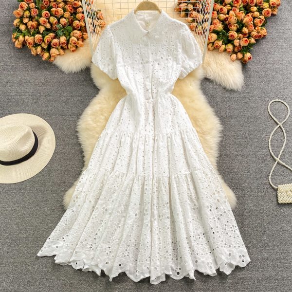 European Station Hollow Water-Soluble Lace Lapel Dress Short Sleeve  Summer Waist-Controlled Large Hem A- line Dress Long Skirt - Image 3