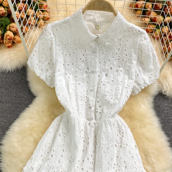 European Station Hollow Water-Soluble Lace Lapel Dress Short Sleeve  Summer Waist-Controlled Large Hem A- line Dress Long Skirt - Image 4