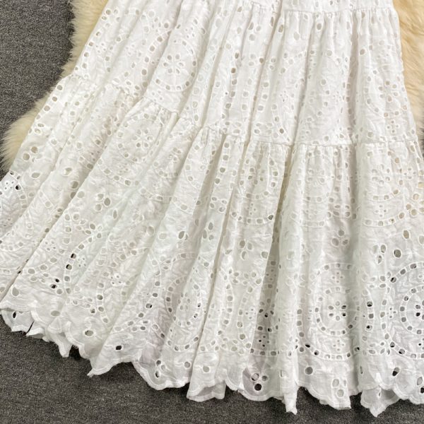 European Station Hollow Water-Soluble Lace Lapel Dress Short Sleeve  Summer Waist-Controlled Large Hem A- line Dress Long Skirt - Image 5