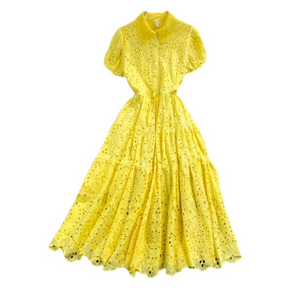 European Station Hollow Water-Soluble Lace Lapel Dress Short Sleeve  Summer Waist-Controlled Large Hem A- line Dress Long Skirt - Image 6