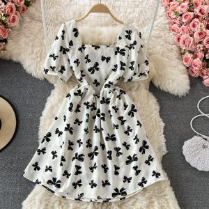 Western style fashion square neck bubble sleeve waist strap butterfly print dress female sweet temperament thin A-line skirt
