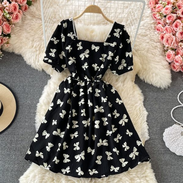 Western style fashion square neck bubble sleeve waist strap butterfly print dress female sweet temperament thin A-line skirt - Image 3