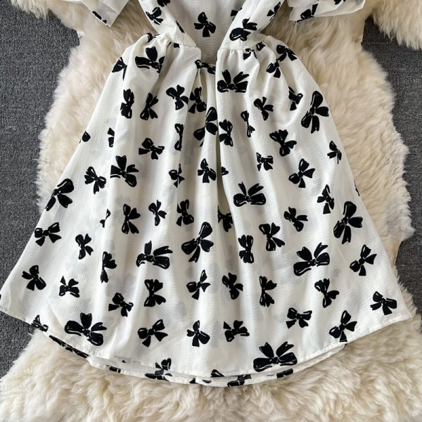 Western style fashion square neck bubble sleeve waist strap butterfly print dress female sweet temperament thin A-line skirt - Image 5