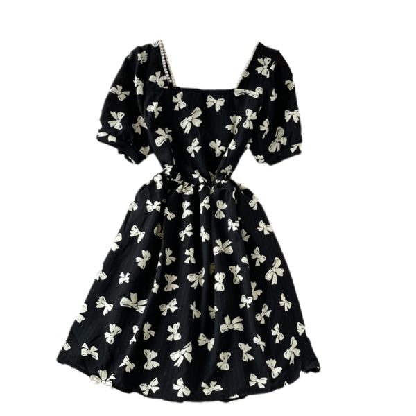 Western style fashion square neck bubble sleeve waist strap butterfly print dress female sweet temperament thin A-line skirt - Image 6