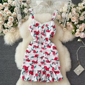 Summer French Style Small V-neck Rose Print Pleated Slim Fit Slimming Flounce Sheath Fishtail Dress