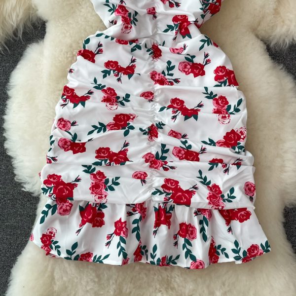 Summer French Style Small V-neck Rose Print Pleated Slim Fit Slimming Flounce Sheath Fishtail Dress - Image 4