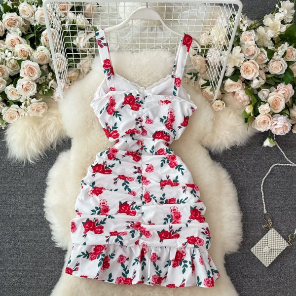 Summer French Style Small V-neck Rose Print Pleated Slim Fit Slimming Flounce Sheath Fishtail Dress - Image 5