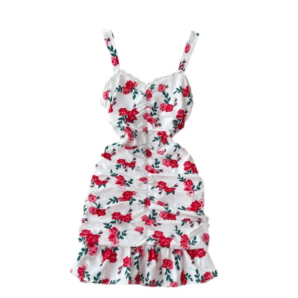 Summer French Style Small V-neck Rose Print Pleated Slim Fit Slimming Flounce Sheath Fishtail Dress - Image 6