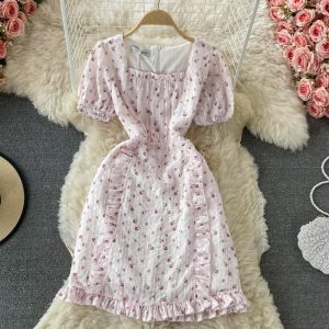 Fresh Sweet Fairy Dress Gentle Elegant French Style Retro Square Collar Embroidered Chiffon Floral Dress for Women Summer