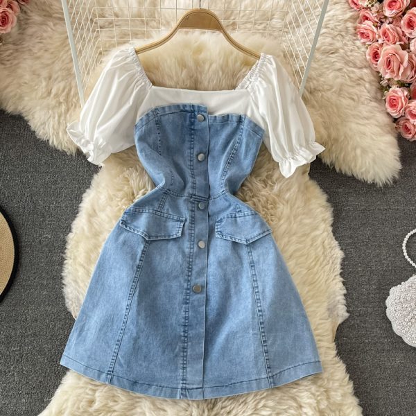 French Square Collar False Two-Piece Patchwork Denim Dress Summer Casual Slimming Puff Sleeve Elegant A- line Skirt - Image 2