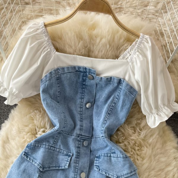 French Square Collar False Two-Piece Patchwork Denim Dress Summer Casual Slimming Puff Sleeve Elegant A- line Skirt - Image 3