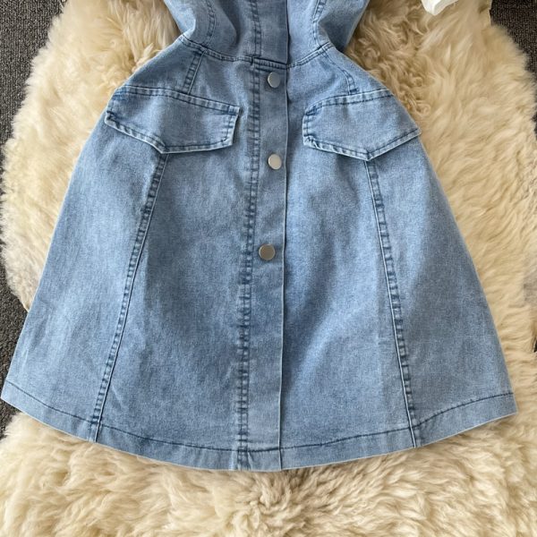 French Square Collar False Two-Piece Patchwork Denim Dress Summer Casual Slimming Puff Sleeve Elegant A- line Skirt - Image 4