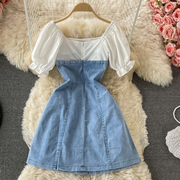 French Square Collar False Two-Piece Patchwork Denim Dress Summer Casual Slimming Puff Sleeve Elegant A- line Skirt - Image 5
