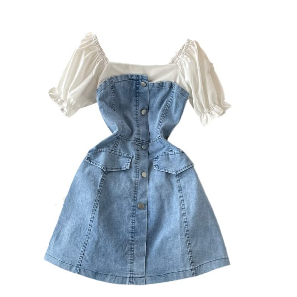 French Square Collar False Two-Piece Patchwork Denim Dress Summer Casual Slimming Puff Sleeve Elegant A- line Skirt - Image 6