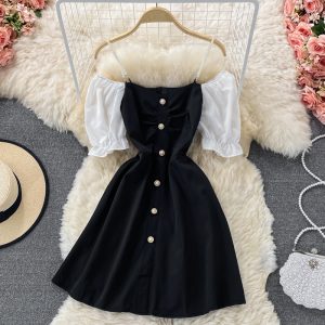 Black Dress Long Dress Square Collar Elegant Small Skirt Tea Dress French Style Puff Sleeve Black Dress for Women Summer New