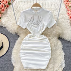 Summer New Small Improved Cheongsam Tassel Decorative Chest Hollow-out Tight Sheath Dress Short Sleeve