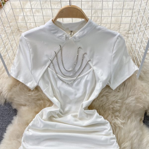 Summer New Small Improved Cheongsam Tassel Decorative Chest Hollow-out Tight Sheath Dress Short Sleeve - Image 3