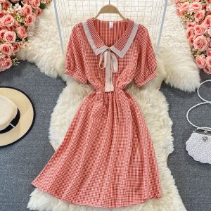 Sweet College Style Small First Love Skirt Summer New Bow French Plaid Doll Collar Dress