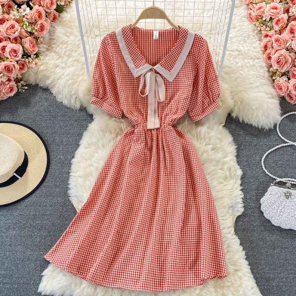 Sweet College Style Small First Love Skirt Summer New Bow French Plaid Doll Collar Dress - Image 2