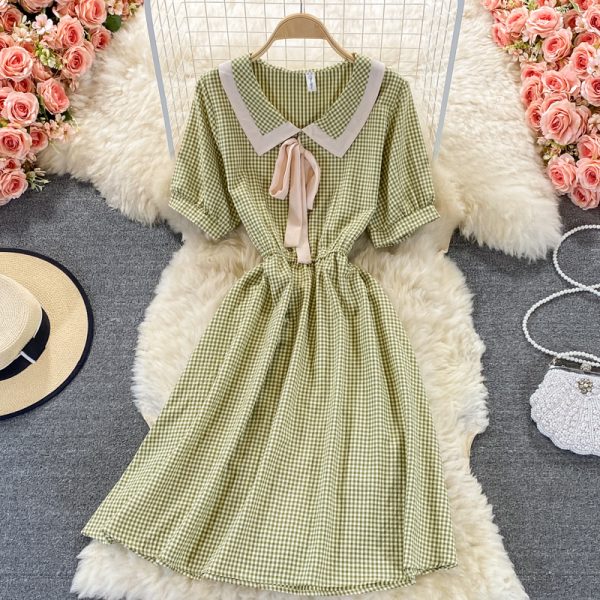 Sweet College Style Small First Love Skirt Summer New Bow French Plaid Doll Collar Dress - Image 3