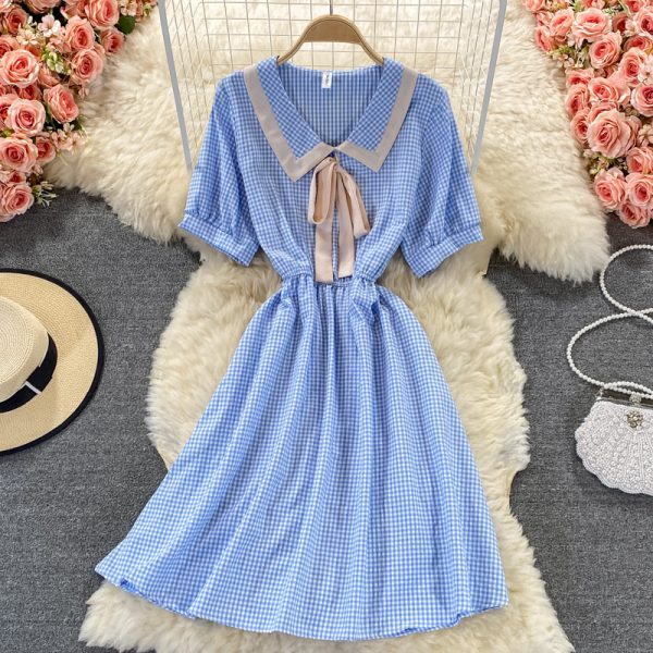 Sweet College Style Small First Love Skirt Summer New Bow French Plaid Doll Collar Dress - Image 4