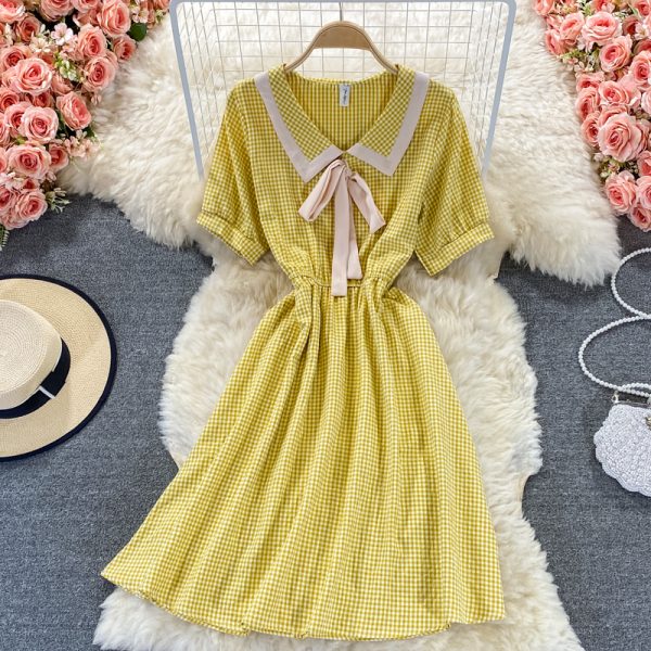 Sweet College Style Small First Love Skirt Summer New Bow French Plaid Doll Collar Dress - Image 5
