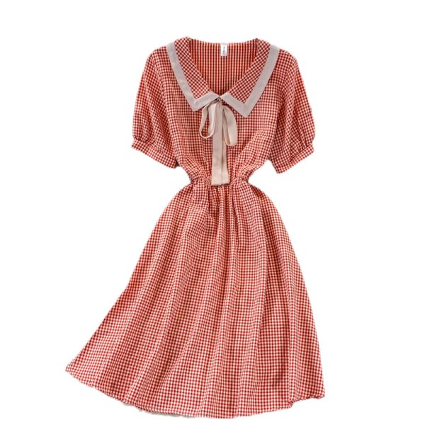 Sweet College Style Small First Love Skirt Summer New Bow French Plaid Doll Collar Dress - Image 6