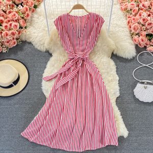 Royal sister light mature style striped V-neck dress  new women’s summer waist waist was thin and high temperament long skirt