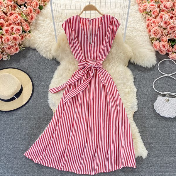 Royal sister light mature style striped V-neck dress  new women’s summer waist waist was thin and high temperament long skirt - Image 2