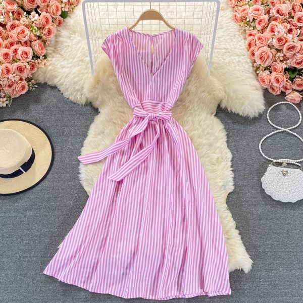 Royal sister light mature style striped V-neck dress  new women’s summer waist waist was thin and high temperament long skirt - Image 3