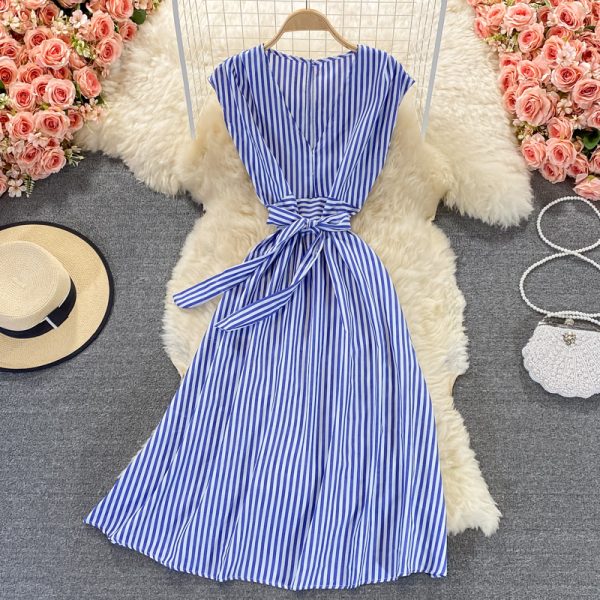 Royal sister light mature style striped V-neck dress  new women’s summer waist waist was thin and high temperament long skirt - Image 4