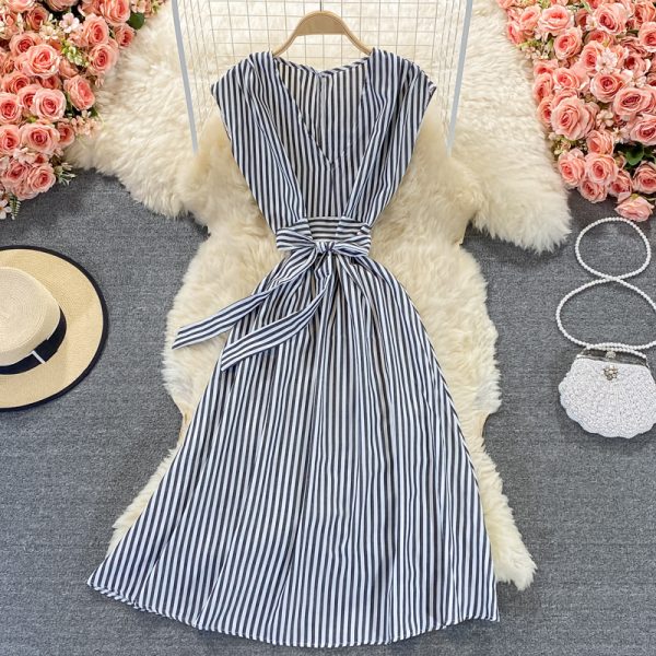 Royal sister light mature style striped V-neck dress  new women’s summer waist waist was thin and high temperament long skirt - Image 5