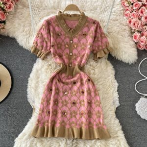 Gentle V-neck Knitted Dress for Women Summer New Style Tight Waist Western Style Slimming Ruffled A- line Skirt