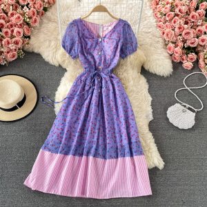 Gentle Floral Print V-neck Dress Summer New Fairy Lady Super Fairy Mori Style French Tight Waist First Love Dress