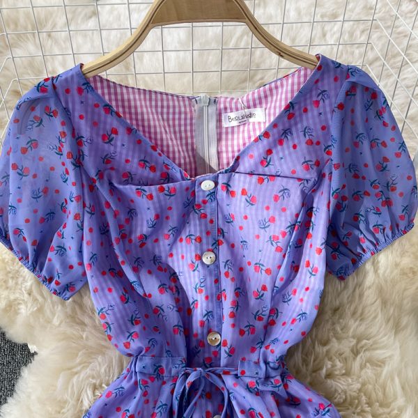 Gentle Floral Print V-neck Dress Summer New Fairy Lady Super Fairy Mori Style French Tight Waist First Love Dress - Image 3