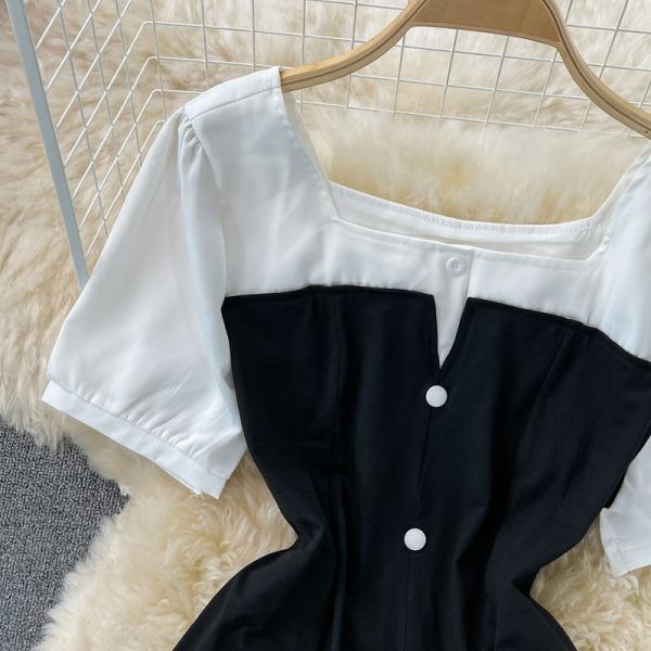 Summer New Elegant French Style Square Collar Puff Sleeve Patchwork Retro Contrast Color Irregular Pleated Dress for Women - Image 3