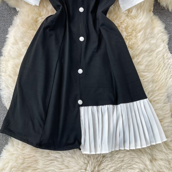 Summer New Elegant French Style Square Collar Puff Sleeve Patchwork Retro Contrast Color Irregular Pleated Dress for Women - Image 4