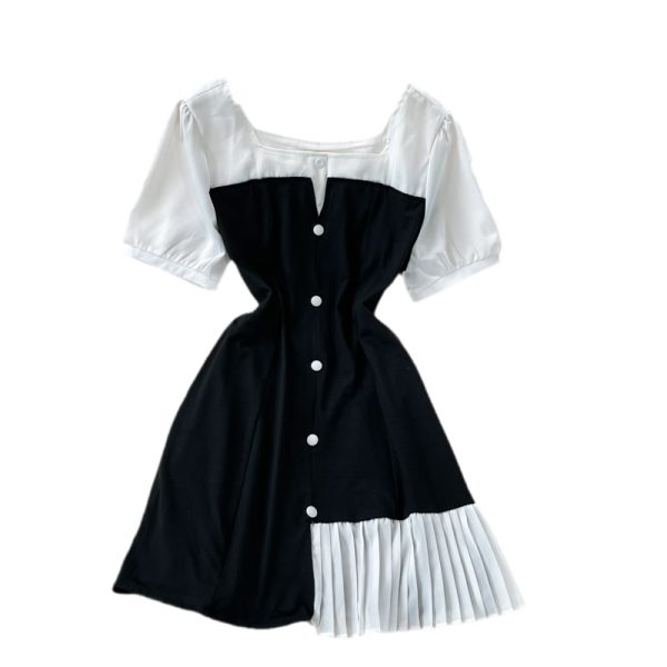 Summer New Elegant French Style Square Collar Puff Sleeve Patchwork Retro Contrast Color Irregular Pleated Dress for Women - Image 6