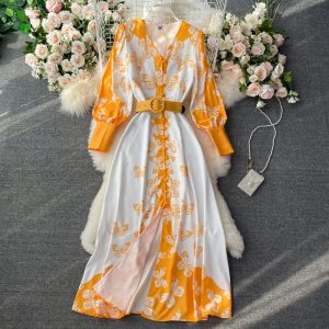 Summer New French Court Retro Style V-neck Dress Puff Sleeve Bow Print Single-Breasted Dress